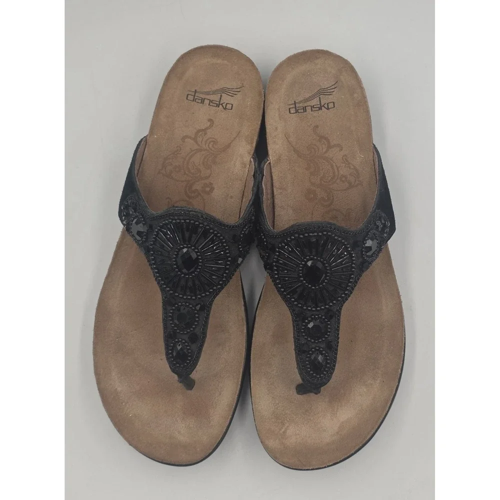 Dansko Black Beaded Leather Thong Sandals